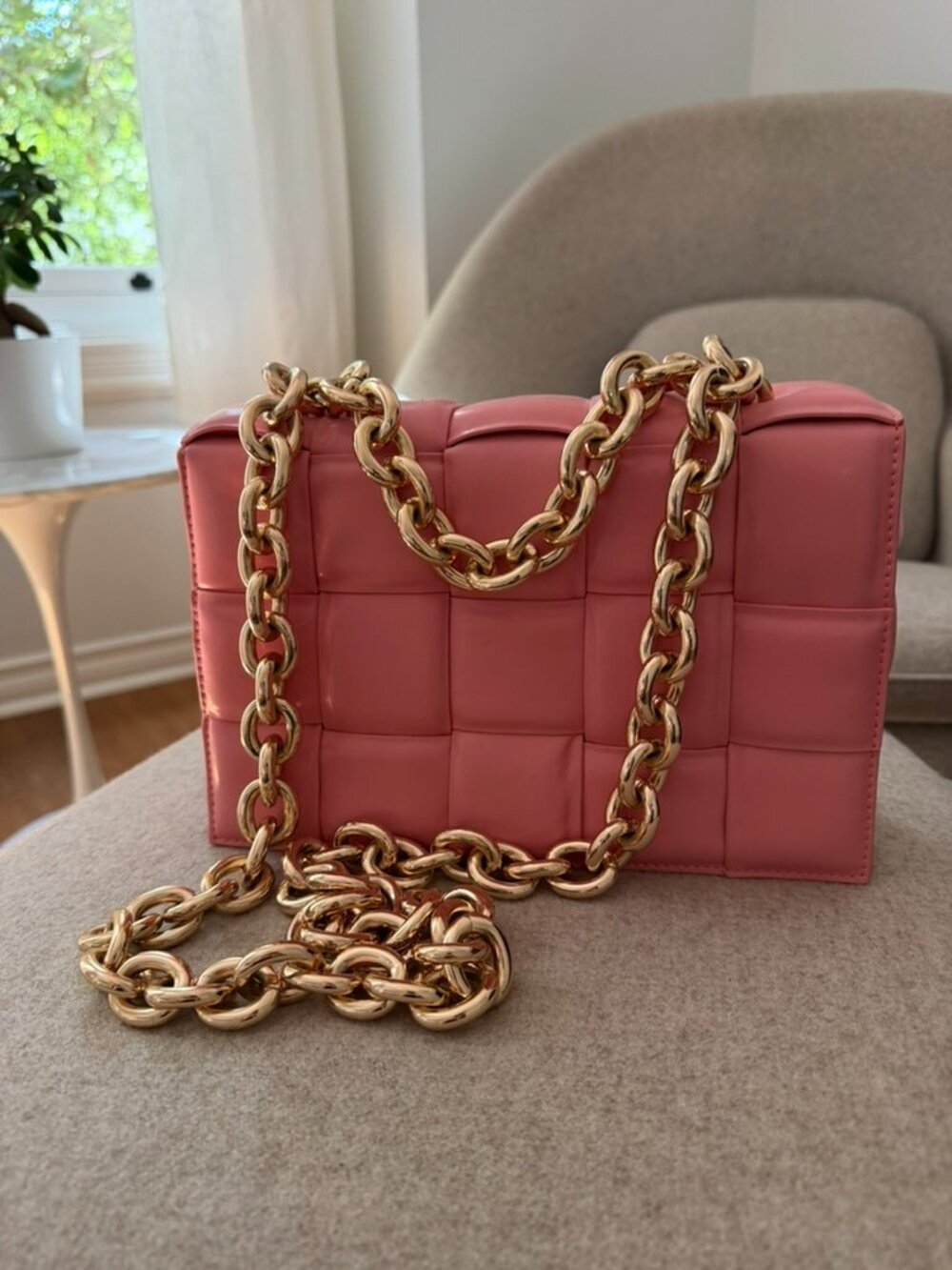 Bottega Venetta Inspired Purse - Pink with Chunky Gold Chain